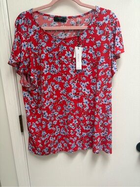 Tahari Red Floral Short-Sleeve Scoop Neck Top